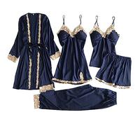 Ensemble de pyjama 5 pièces en satin de soie pour femmes - Lingerie en dentelle Col en V - Caraco - Robe de nuit - pyjama femme été Elegant et Chic - set classique maison - robe de chambre femme ete