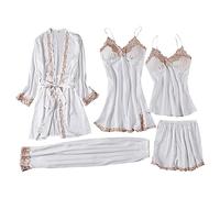 Ensemble de pyjama 5 pièces en satin de soie pour femmes - Lingerie en dentelle Col en V - Caraco - Robe de nuit - pyjama femme été Elegant et Chic - set classique maison - robe de chambre femme ete
