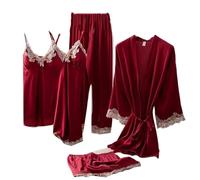 Ensemble de Pyjama 5 pièces en Soie glacée pour Femme - Robe de Chambre à Manches Longues, Chemise de Nuit et Pantalon pour Une Tenue d'intérieur Polyvalente au Printemps et en Automne (Rouge, Taill