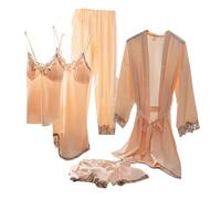 Ensemble de Pyjama 5 pièces en Soie glacée pour Femme - Robe de Chambre à Manches Longues, Chemise de Nuit et Pantalon pour Une Tenue d'intérieur Polyvalente au Printemps et en Automne (Champagne X)