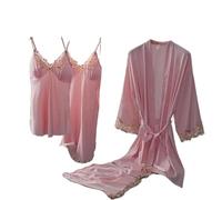 Ensemble de Pyjama 5 pièces en Soie glacée pour Femme - Robe de Chambre à Manches Longues, Chemise de Nuit et Pantalon pour Une Tenue d'intérieur Polyvalente au Printemps et en Automne (Rose 1, Tail