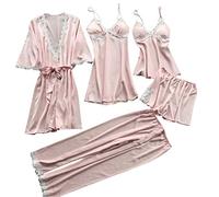 Ensemble de pyjama 5 pièces pour femme en satin de soie kimono - Vêtements de nuit en satin 5 pièces - Ensembles de vêtements de nuit pour adultes vêtements de nuit nuit taille 36 38 petite chemise de