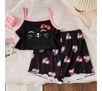 Ensemble de pyjama à bretelles à carreaux pour filles, avec un design mignon de chaton, en tissu doux et confortable, un style paresseux mais ludique pour la maison 8Y,9Y,10Y,11Y,12YPlantesTissu trico