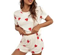 Ensemble de pyjama à imprimé d'amour pour femme, short et tee-shirt, coupe ajustée, léger, doux pour la peau, pour dormir la nuit et toute la journée, beige, M