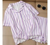 Ensemble de pyjama à manches courtes rayé verticalement rose & blanc pour filles, Top à col ouvert doux & frais avec ourlet ondulé & poignets de jambe, vêtement de détente brodé décontracté et confort
