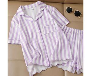 Ensemble de pyjama à manches courtes rayé verticalement rose & blanc pour filles, Top à col ouvert doux & frais avec ourlet ondulé & poignets de jambe, vêtement de détente brodé décontracté et confort