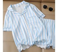 Ensemble de pyjama à manches courtes rayé verticalement rose et blanc pour filles, Top à col ouvert doux et frais avec ourlet ondulé et ouvertures de jambes, vêtements de détente brodés décontractés e