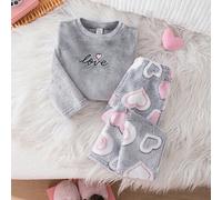 Ensemble de pyjama à manches longues gris moelleux avec motif cœur mignon et décontracté pour bébé fille, automne hiver 6-9M,9-12M,12-18M,18-24M,2-3YLettresFlanelle
