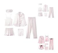 Ensemble de pyjama à manches longues pour femme avec gilet et short - Ensemble de 6 pièces - Avec ombre à paupières et sac portable - Joli cœur - Vêtement de nuit pour l'été et l'automne - Universel