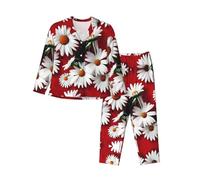 Ensemble de pyjama à manches longues pour femme avec motif floral rouge et marguerite blanche, Noir , S