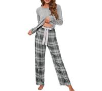 Ensemble de pyjama à manches longues pour femme - Léger - Pour sortir - Haut uni à col rond et pantalon élastique avec cordon de serrage - Confortable et respirant, gris, 5X-Large
