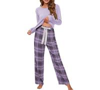 Ensemble de pyjama à manches longues pour femme - Léger - Pour sortir - Haut uni à col rond et pantalon élastique avec cordon de serrage - Confortable et respirant, violet, XL