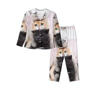 Ensemble de pyjama à motif de chouettes mignonnes pour femmes, chemise à manches longues, pantalon de pyjama, ensemble de vêtements de nuit pour le printemps et l'hiver, Trois chats, XL