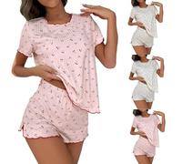 Ensemble de pyjama à volants imprimé cerise pour femme, pyjama court à imprimé cerise, confortable et adorable vêtements de nuit deux pièces pour femme, beige, M