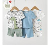 Ensemble de pyjama ajusté 6 pièces pour tout-petits garçons, rayures bleu et blanc, été, mignon, assorti en famille, requin de l'océan, dinosaure, fusée et planète, vêtements de nuit extensibles 2Y,3Y
