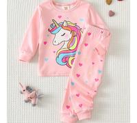Ensemble de pyjama ajusté pour bébé fille, motif mignon d'animal de dessin animé licorne qui brille dans le noir, Top à col rond en tricot doux à manches courtes et leggings à taille élastique, ensemb