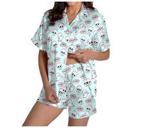 Ensemble de pyjama assorti d'Halloween 2 pièces pour femme - En satin de soie - Avec boutons - Citrouille - Joli short de nuit boutonné - Confortable - Manches courtes - Décontracté - Graphique, vert