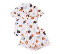 Ensemble de pyjama assorti d'Halloween pour femme en satin de soie léger citrouille mignon short salon ensemble graphique à boutons fendus ensemble pyjama assorti à manches courtes revers western