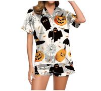 Ensemble de pyjama assorti pour femme - Satin de soie boutonné - Confortable - Fantôme - Jolie robe de nuit graphique - Boutons fendus - Ensemble de pyjama doux et décontracté, beige, S