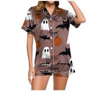 Ensemble de pyjama assorti pour femme - Satin de soie boutonné - Confortable - Fantôme - Jolie robe de nuit graphique - Boutons fendus - Ensemble de pyjama doux et décontracté, café, S