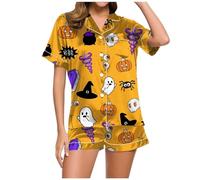 Ensemble de pyjama assorti pour femme - Satin de soie boutonné - Confortable - Fantôme - Jolie robe de nuit graphique - Boutons fendus - Ensemble de pyjama doux et décontracté, jaune, S
