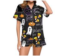 Ensemble de pyjama assorti pour femme - Satin de soie boutonné - Confortable - Fantôme - Jolie robe de nuit graphique - Boutons fendus - Ensemble de pyjama doux et décontracté, Noir , S