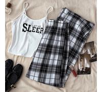 Ensemble de pyjama avec débardeur en tricot à imprimé anglais et pantalon à carreaux pour adolescentes 14Y,13Y,16Y,15YCarreauÉtoffe,Tissu tissé