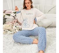 Ensemble de pyjama avec Top à col ras du cou à manches longues et pantalon en molleton avec broderie de lapin pour femmes L,M,S,XLAnimal,Cartoon,LettresFlanelle