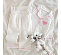 Ensemble de pyjama bébé fille en coton confortable, manches longues, avec cardigan, poche avec broderie en forme de cœur et pantalon. Mignon et élégant. Pyjama de printemps/automne pour bébé fille 9M-