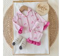 Ensemble de pyjama bébé fille nouveau-né mignon et décontracté en tricot avec bloc de couleurs et nœud, manches longues 6-9M,0-1M,1-3M,3-6MLettresTissu tricoté