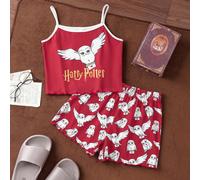Ensemble de pyjama camisole ample et short imprimé chouette de dessin animé rouge pour jeune fille, tissu ignifugé confortable pour l'été 8Y,9Y,10Y,11Y,12YNoëlTissu tricoté