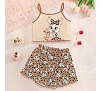 Ensemble de pyjama camisole et short avec imprimé mignon de lapin et léopard, teint tie-dye bleu ciel frais. Convient aux jeunes filles pour un port décontracté et confortable en été. Vêtements graphi