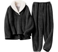 Ensemble de pyjama chaud en polaire pelucheuse pour femme - Pull ample à manches longues - Pantalon de nuit pour la détente en intérieur et l'hiver, Noir , L