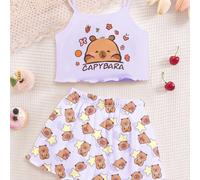 Ensemble de pyjama composé d'un débardeur près du corps simple et d'un short, pour jeunes filles, adapté à l'été 8Y,9Y,10Y,11Y,12YCartoon,Lettres,Fruits & légumesTissu tricoté