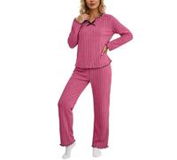 Ensemble de pyjama confortable côtelé doux avec bordure en dentelle noire tenue d'intérieur 2 pièces pour dormir et se détendre, Rouge, M