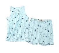 Ensemble de pyjama court grande taille - Ensemble de pyjama court en coton - Chemise de nuit sans manches à bretelles larges et col rond pour femme - Joli imprimé en carton avec taille élastique, Vert