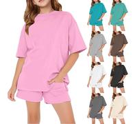 Ensemble de pyjama court uni à coupe ample et short à jambes larges 2 pièces pour adolescentes, vêtements de détente d'été à col rond, hauts confortables (bleu ciel, 11 à 12 ans)