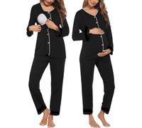 Ensemble De Pyjama d'allaitement De Maternité, Vêtements De Nuit Rayés À Manches Longues Vêtements De Détente Pyjama pour Femmes, Vêtements De Maternité pour Hôpital À Domicile,Noir,XXL
