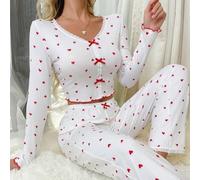 Ensemble de pyjama d'automne tricoté pour femme avec texture côtelée et motif cœur, haut à manches longues et col en V associé à un pantalon long pour plus de confort (taille L, rouge)