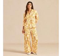 Ensemble de pyjama de luxe pour le salon, élégant, jaune et or avec motif floral - Top à manches longues et pantalon en satin doux avec bordure blanche Pyjama de luxe pour le salon L,M,S,XL,XS,XXL,XXS