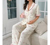 Ensemble de pyjama de maternité à volants avec imprimé floral romantique et ouverture devant L,M,S,XLPlantesTissu tissé