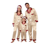 Ensemble de pyjama de Noël familial assorti en satin de soie, grande taille, pantalon long décontracté, bas doux avec poches, taille élastique, Paja_mas, beige, 5-6 Years