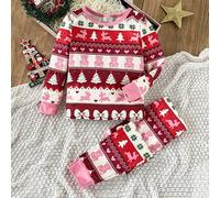 Ensemble de pyjama de Noël pour filles, doux et confortable, ajusté, avec un coloris rouge festif, des éléments de Noël mignons comme un nœud, un flocon de neige, un ours en peluche, un imprimé sapin 