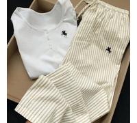 Ensemble de pyjama décontracté d'automne bleu et blanc à rayures pour femmes, Top boutonné avec détails brodés et pantalon rayé, ensemble de détente 2 pièces pour la plage, le Nouvel An L,M,S,XSAnimal