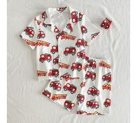 Ensemble de pyjama d'été 2 pièces pour jeunes garçons, top à manches courtes ouvert devant et short, en tissu tricoté ignifuge, doux, confortable et respectueux de la peau, imprimé camion de pompiers