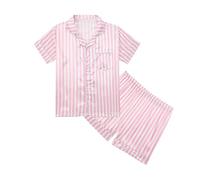 Ensemble de pyjama d'été en soie pour filles - Imprimé cœur et étoiles - Pyjama court boutonné en satin avec poche rayée - Vêtement de nuit confortable et doux, b-rose, 13-14 ans