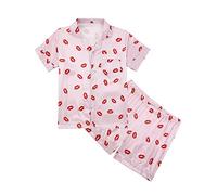 Ensemble de pyjama d'été en soie pour filles - Imprimé cœur et étoiles - Pyjama court boutonné en satin avec poche rayée - Vêtement de nuit confortable et doux, c-rose, 13-14 ans