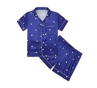 Ensemble de pyjama d'été en soie pour filles - Imprimé cœur et étoiles - Pyjama court boutonné en satin avec poche rayée - Vêtement de nuit confortable et doux, d-bleu, 7-8 ans