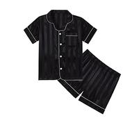 Ensemble de pyjama d'été en soie pour filles - Imprimé cœur et étoiles - Pyjama court boutonné en satin avec poche rayée - Vêtement de nuit confortable et doux, b-noir, 11-12 ans
