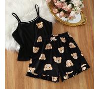 Ensemble de pyjama d'été mignon avec imprimé ours pour adolescentes, base noire avec imprimé ours adorable, débardeur à fines bretelles col en U + shorts à volants, tissu doux, doux et mignon, exclusi